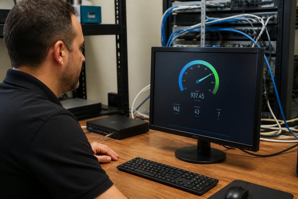 Professional at desk monitoring network speed test results on monitor, with ethernet cables and networking equipment visible in background