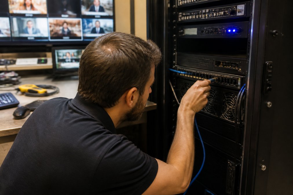 A technician plugging an ethernet cable into a network router mounted in a professional AV equipment rack, with multiple streaming monitors displaying live video feeds glowing in the background of a dimly lit broadcast room