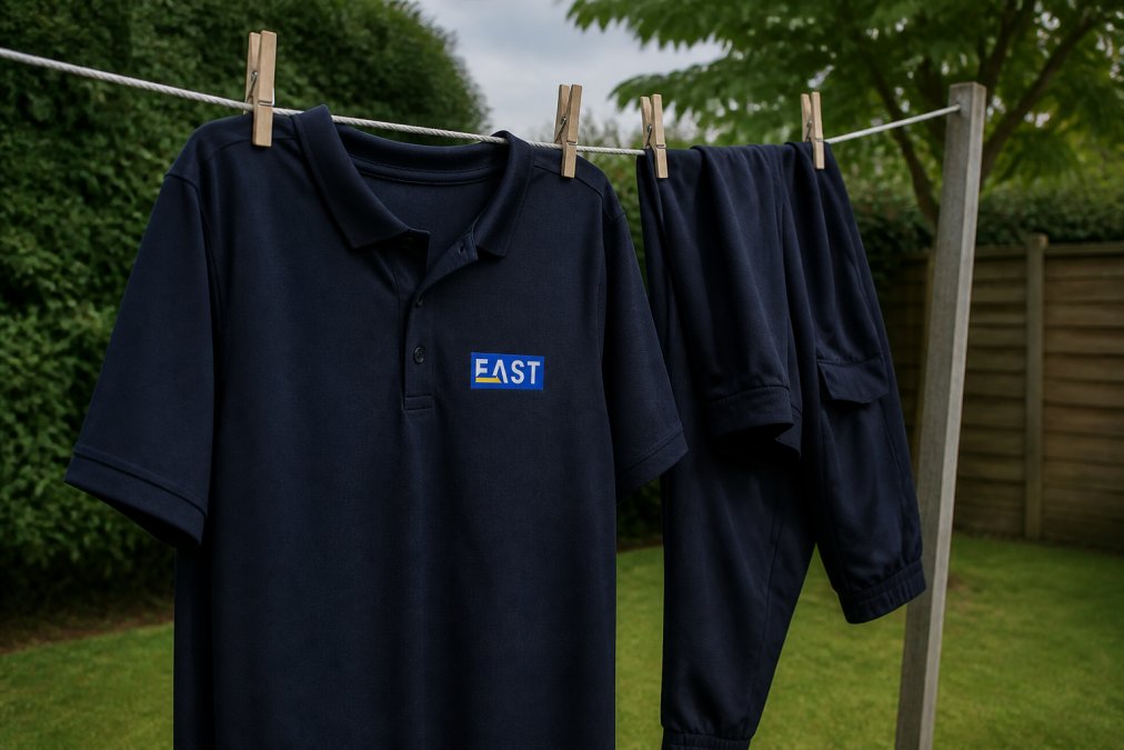 Branded workwear hanging on a clothesline to air dry outdoors, showing the logo visible and protected from direct sunlight in natural light