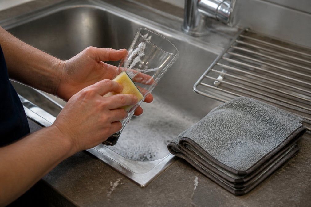 Close-up of hands gently washing a branded beer glass with a soft sponge and mild soapy water in a stainless steel sink, with a microfiber cloth and drying rack visible nearby