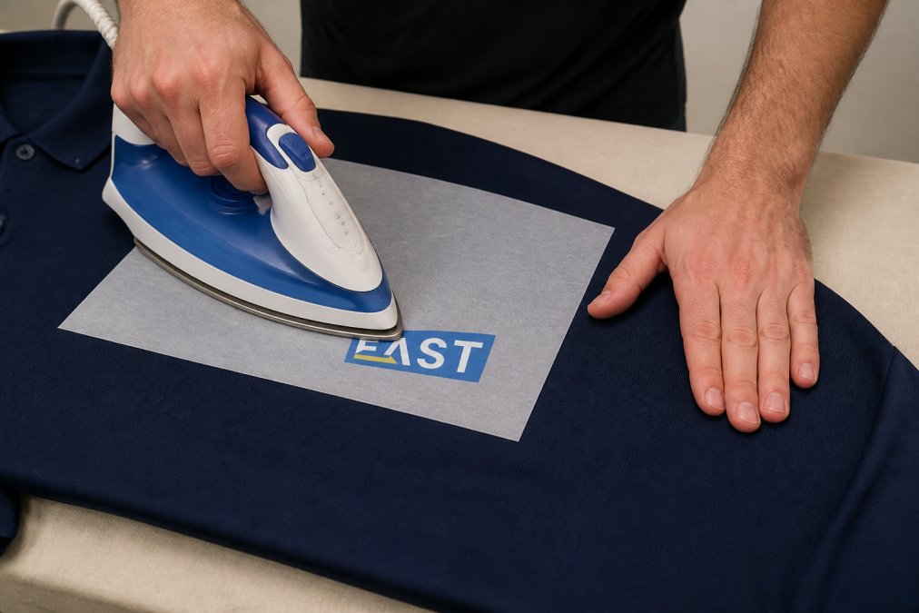 Hands demonstrating proper ironing technique with parchment paper placed over a printed logo on workwear, showing the protective barrier between iron plate and print