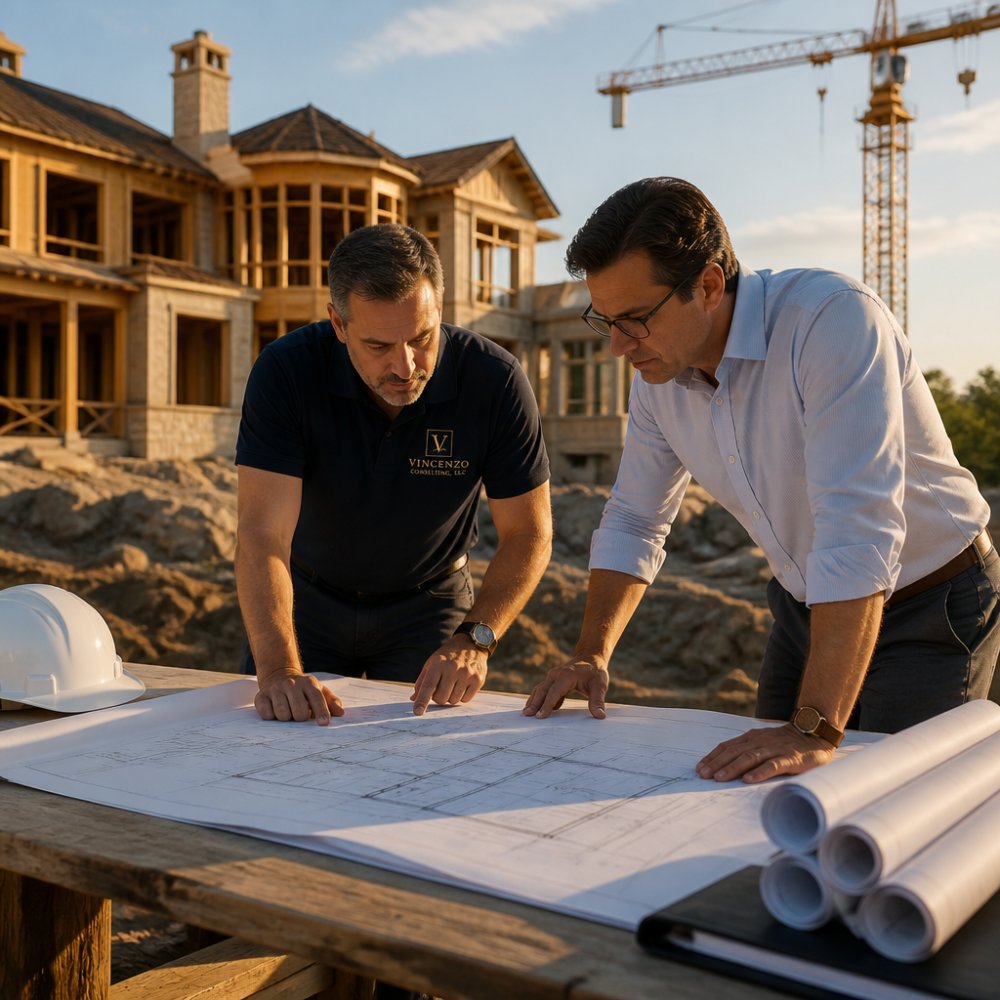 Architect and manager reviewing blueprints to avoid luxury construction delays on a complex residential site