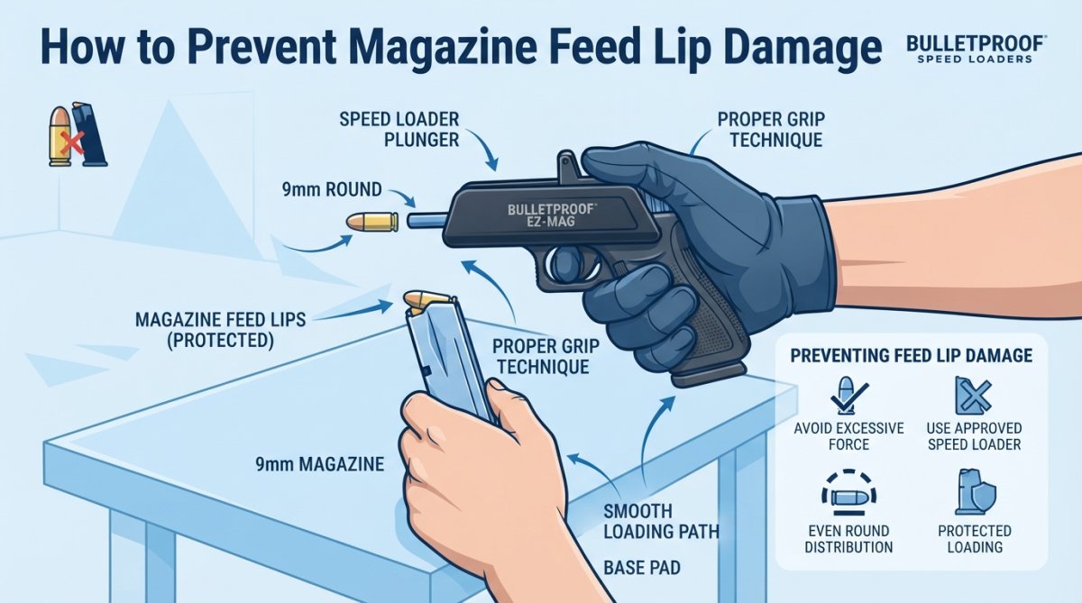 Shooter's hands demonstrating proper grip technique while using a Bulletproof speed loader to load 9mm rounds into a magazine, with the loader positioned at a shooting range table with bright natural lighting