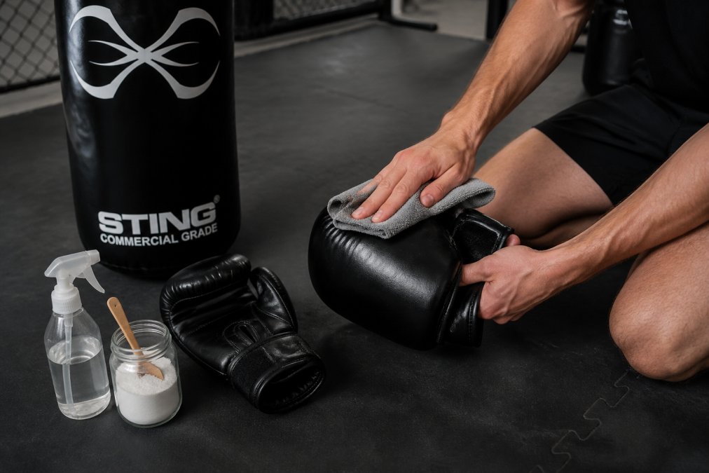 Close-up of a person wiping down a pair of black boxing gloves with a damp microfiber cloth on a gym mat, with a small spray bottle and baking soda container visible nearby