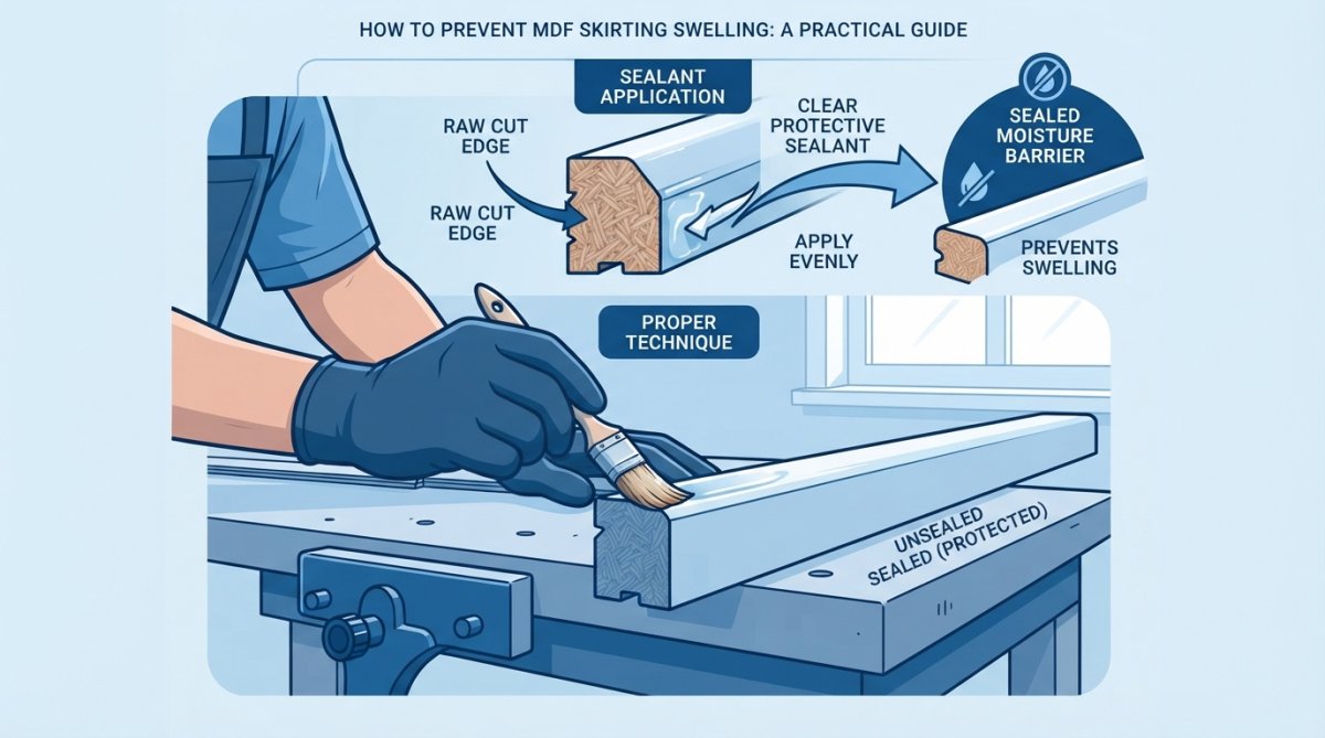 Close-up of a tradesperson applying clear protective sealant to the edge of an MDF skirting board with a brush on a workbench, showing proper technique with natural workshop lighting
