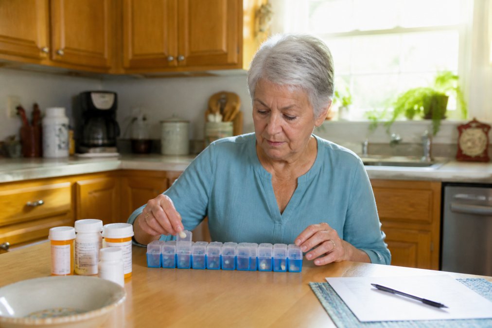 A senior woman at a kitchen table using a weekly pill organizer with several prescription bottles nearby, soft natural light, focused expression