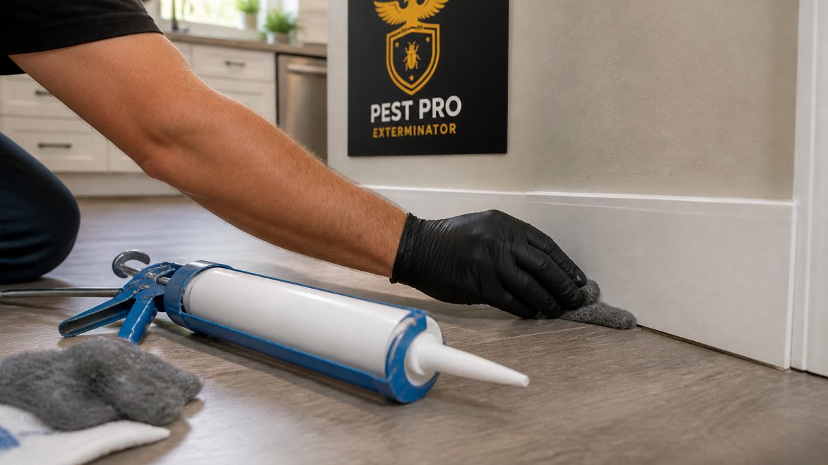 Hand using steel wool to seal a wall gap to help prevent mice in kitchen areas