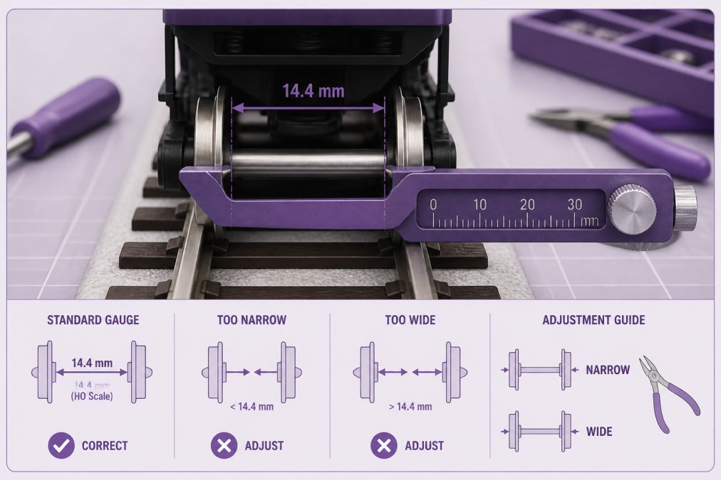 Close-up of model train wheels mounted on track, showing a precision gauge tool measuring the distance between wheel flanges with natural lighting on a workbench