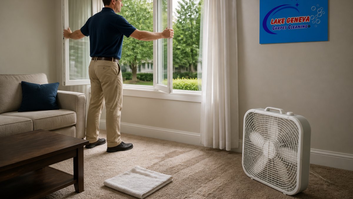 Homeowner opening windows and positioning a box fan to direct air across wet carpet in a bright living room