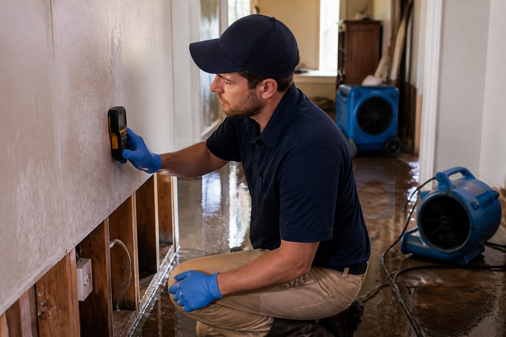A professional restoration technician using a moisture meter on a wet drywall panel while a dehumidifier and air mover run in the background of a flooded home