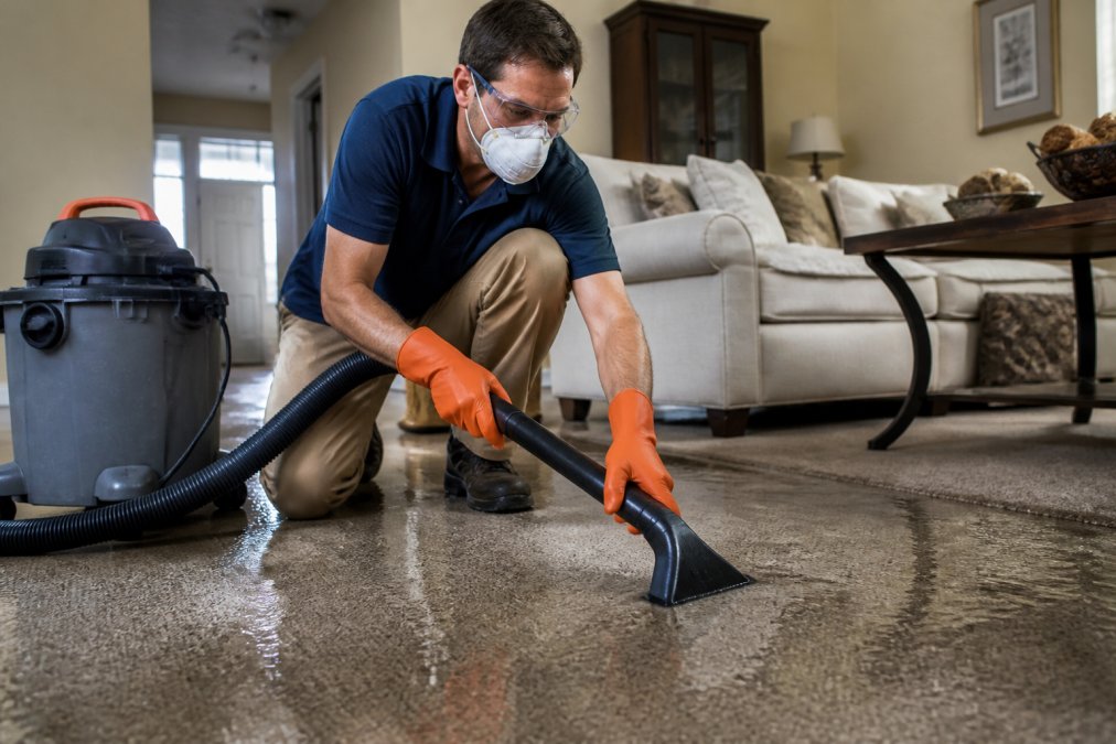 A homeowner wearing an N95 respirator, safety goggles, and rubber gloves using a wet/dry vacuum to extract standing water from a flooded living room carpet