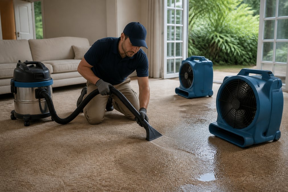 Homeowner using a wet/dry vacuum and fans on a soaked carpet to prevent mold growth in a bright living room.