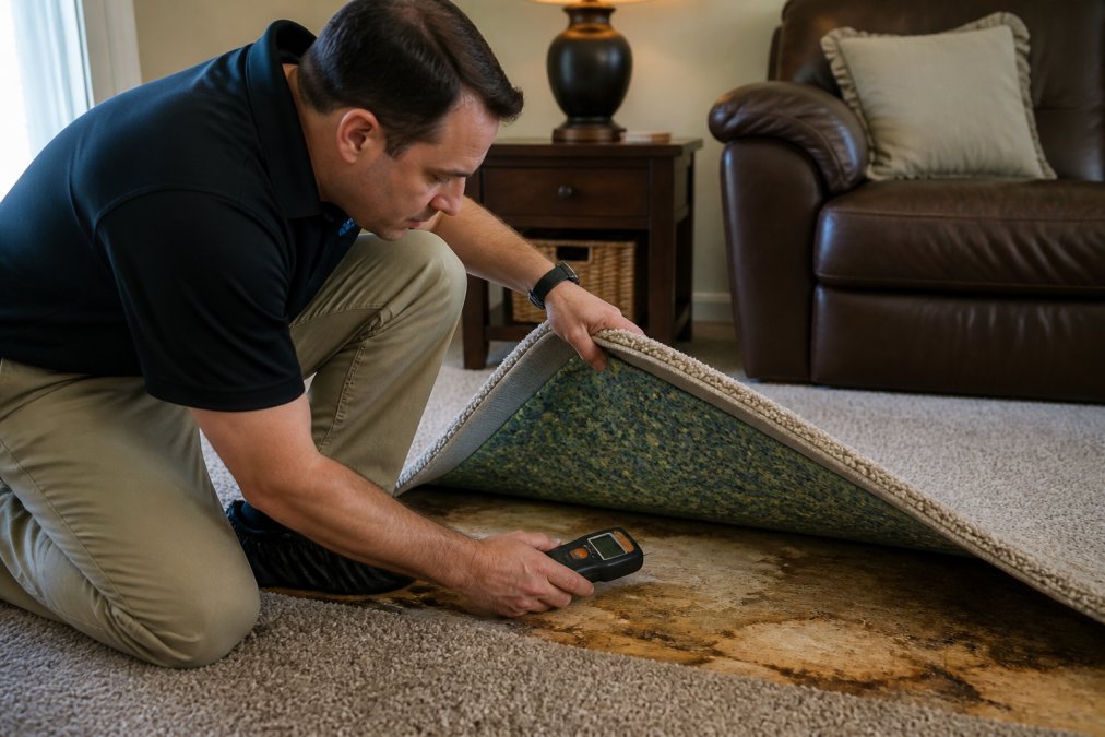 Professional technician lifting carpet edge to inspect damp padding underneath, using moisture meter to check subfloor for water damage in residential setting