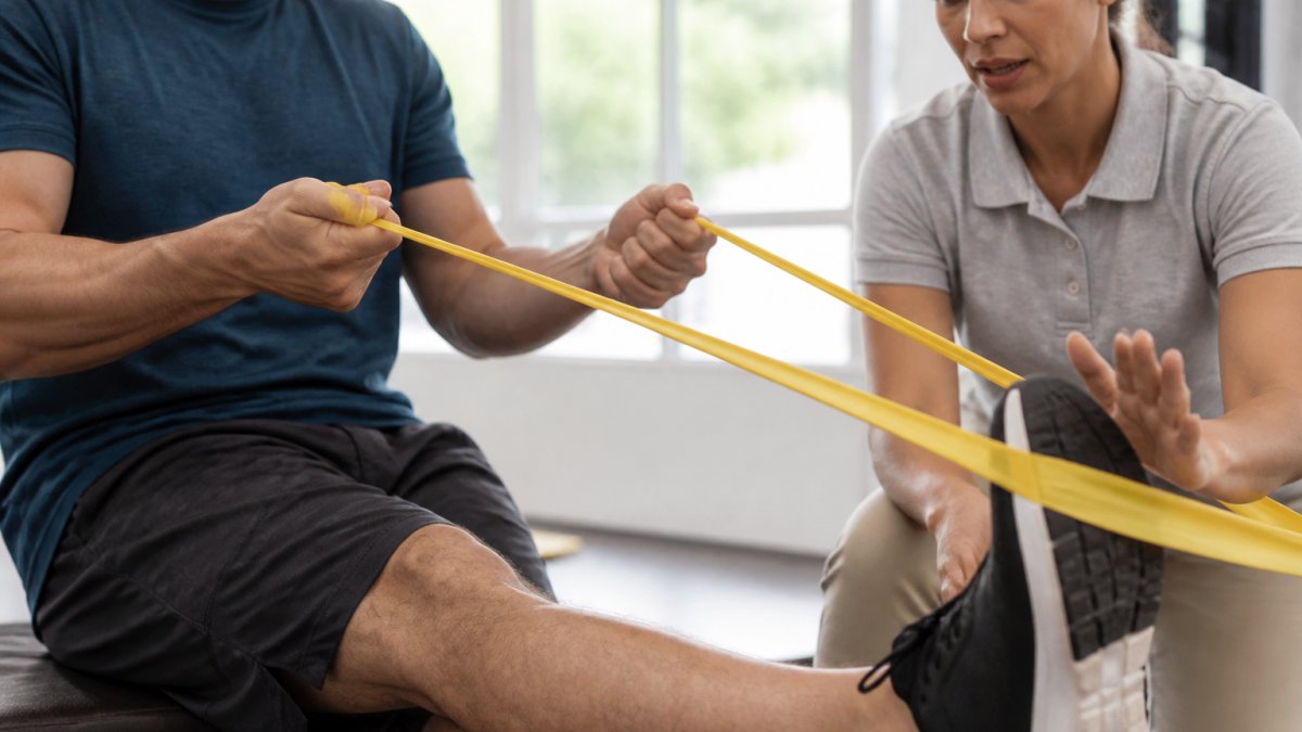 Physical therapist guiding patient through controlled range-of-motion exercises with resistance band in bright clinical setting