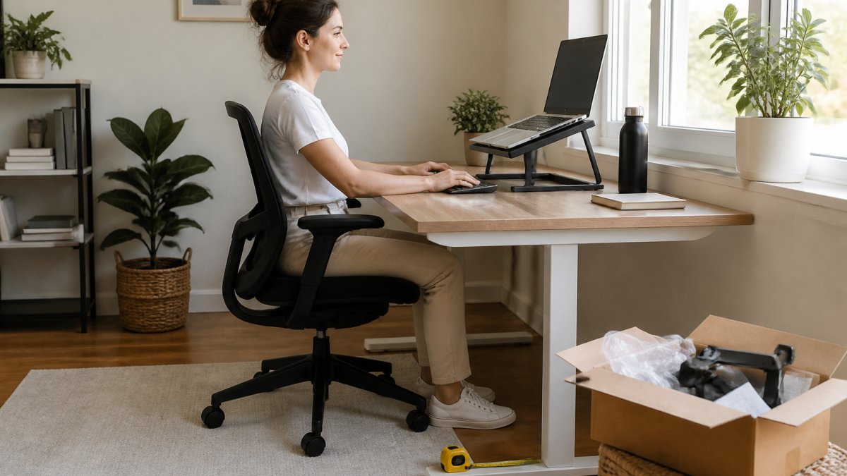 A person sitting at a tidy home office desk with a laptop on a stand, feet flat on the floor, shoulders relaxed, and a measuring tape visible near the chair to suggest adjusting desk height