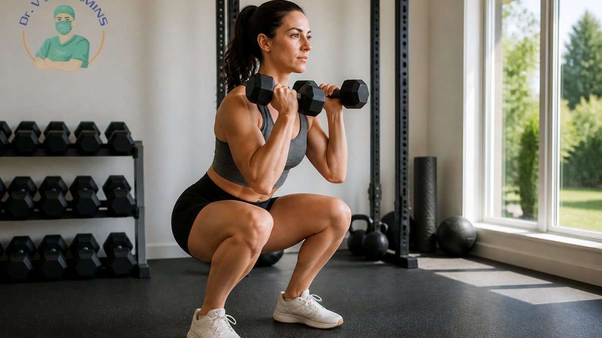 Person performing a dumbbell squat with proper form in a home gym setting with natural window lighting, showing engaged leg muscles and neutral spine position