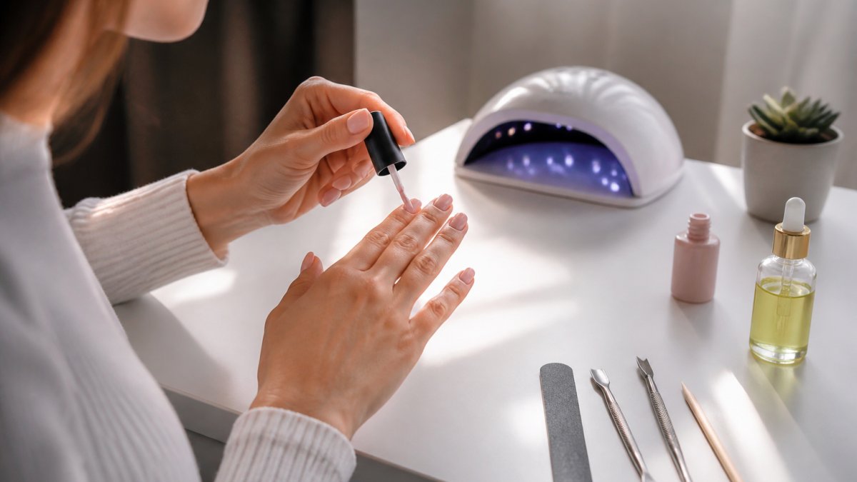 Close-up of a woman's hands applying gel polish at a tidy home desk, with a UV lamp, cuticle oil, and nail file visible, soft natural light