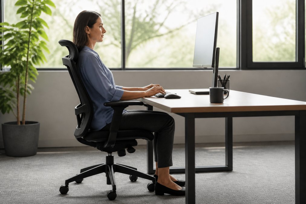 Professional working at ergonomic desk with monitor at eye level, proper chair height, feet flat on floor, and neutral spine alignment in bright office setting