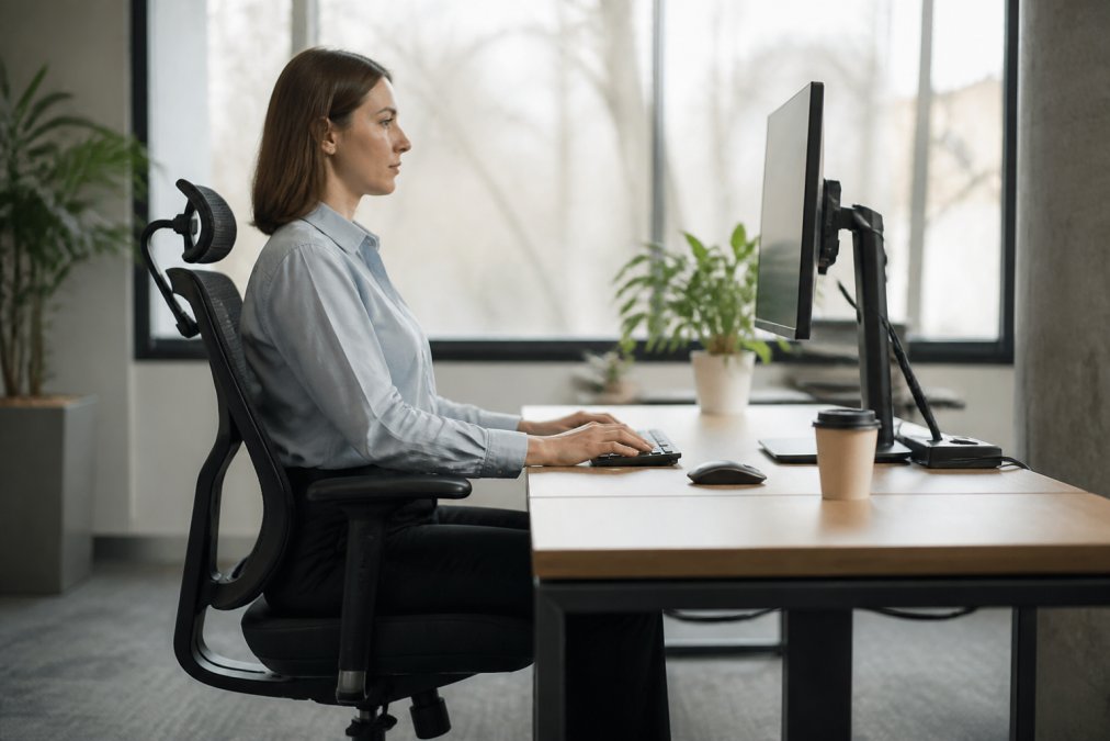 Professional sitting with neutral spine and eye-level monitor to prevent neck strain at desk.