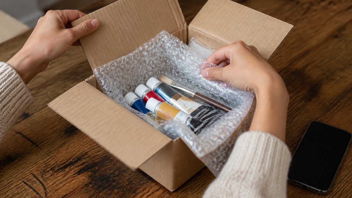 Close-up of hands opening a cardboard delivery box on a wooden table, revealing paint tubes and a brush wrapped in bubble wrap, with a smartphone nearby ready to photograph damage