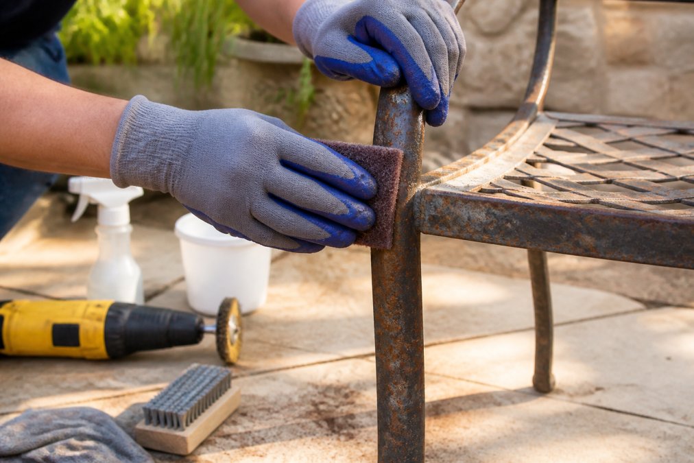 Close-up of hands using an abrasive sanding pad on a rusted metal chair leg with visible rust particles and metal shavings, outdoor patio setting in soft afternoon light