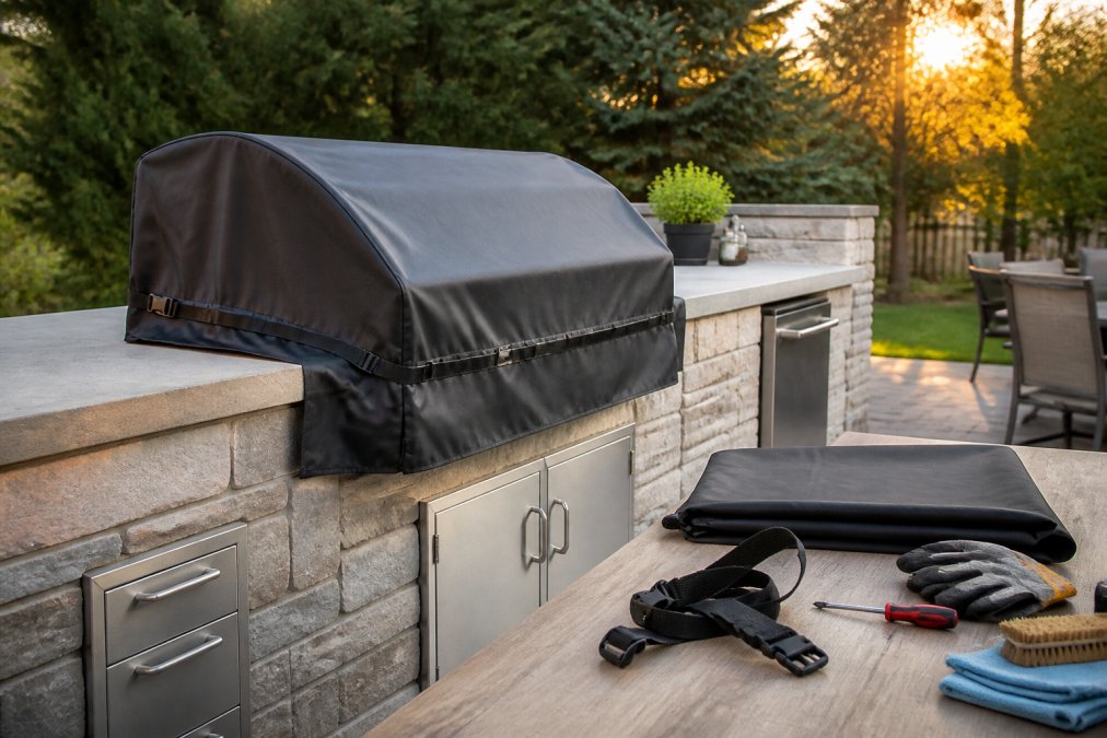Fitted water-resistant cover on a stainless steel grill to prevent outdoor kitchen rust during winter.