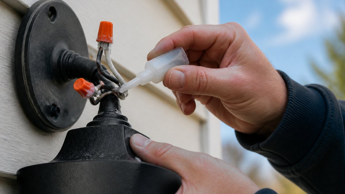 Close-up of a homeowner's hands carefully applying clear dielectric grease to outdoor electrical connectors on a mounted light fixture, with the fixture attached to house exterior siding in natural daylight