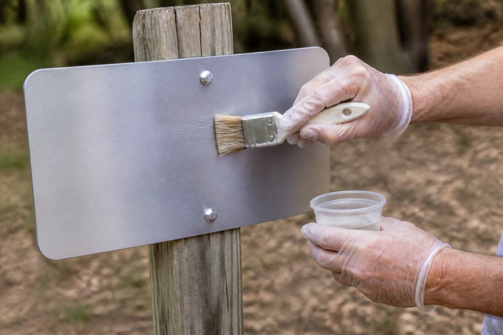 Hands applying protective clear coating with a brush to an outdoor aluminum sign mounted on a wooden post, showing even application in natural daylight