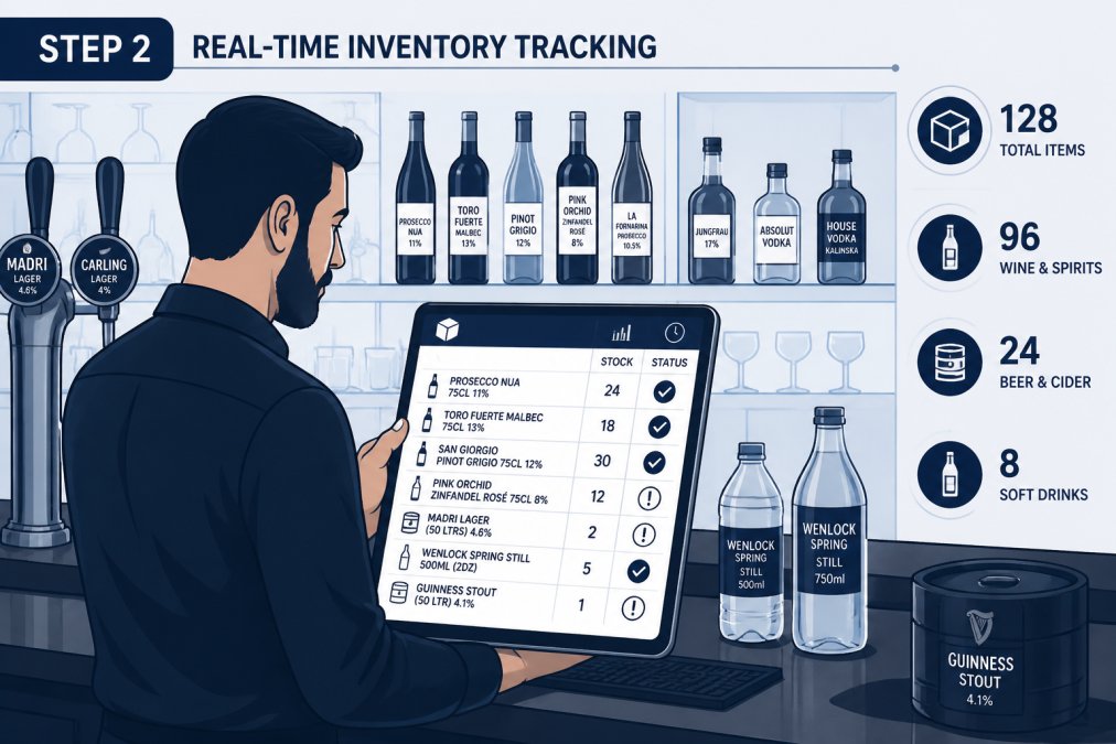 Bar manager checking stock levels on a tablet behind a bar counter, with bottles and glasses visible in natural lighting from the bar