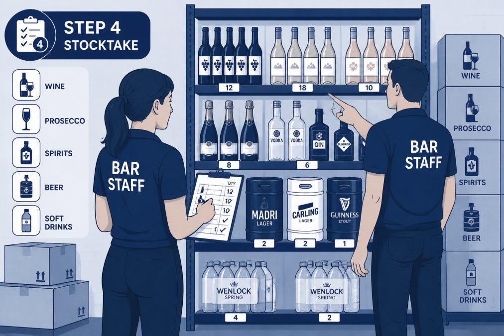 Two bar staff members conducting a stocktake, one holding a clipboard taking notes while the other points to bottles on a shelf in an organised stockroom setting