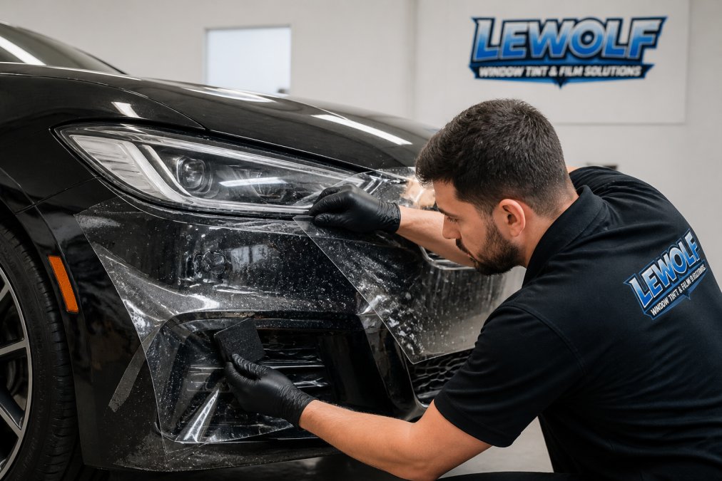 Close-up of a certified installer applying transparent paint protection film to the front bumper of a dark luxury sedan in a clean, well-lit garage bay