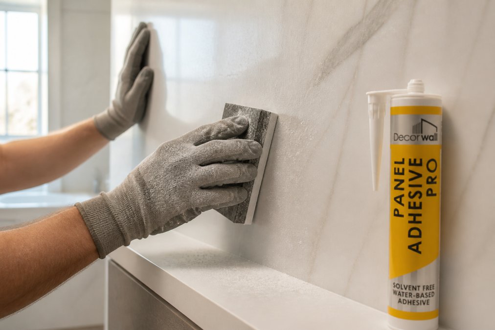 Close-up of hands wearing protective gloves sanding a bathroom wall surface with a sanding block, white dust particles visible in afternoon natural light