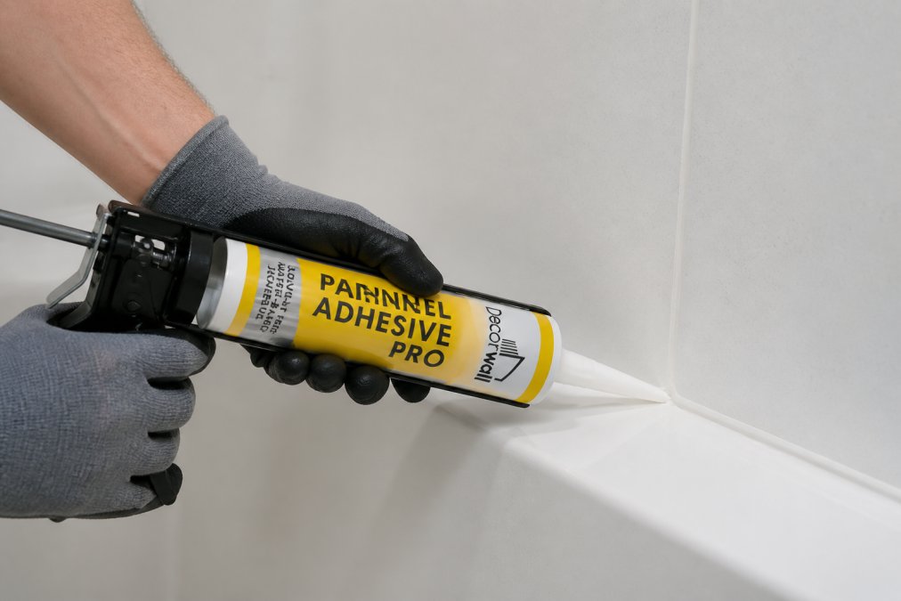 Professional hands in protective gloves applying silicone sealant along a bathroom panel joint with a caulking gun, showing smooth, even bead application