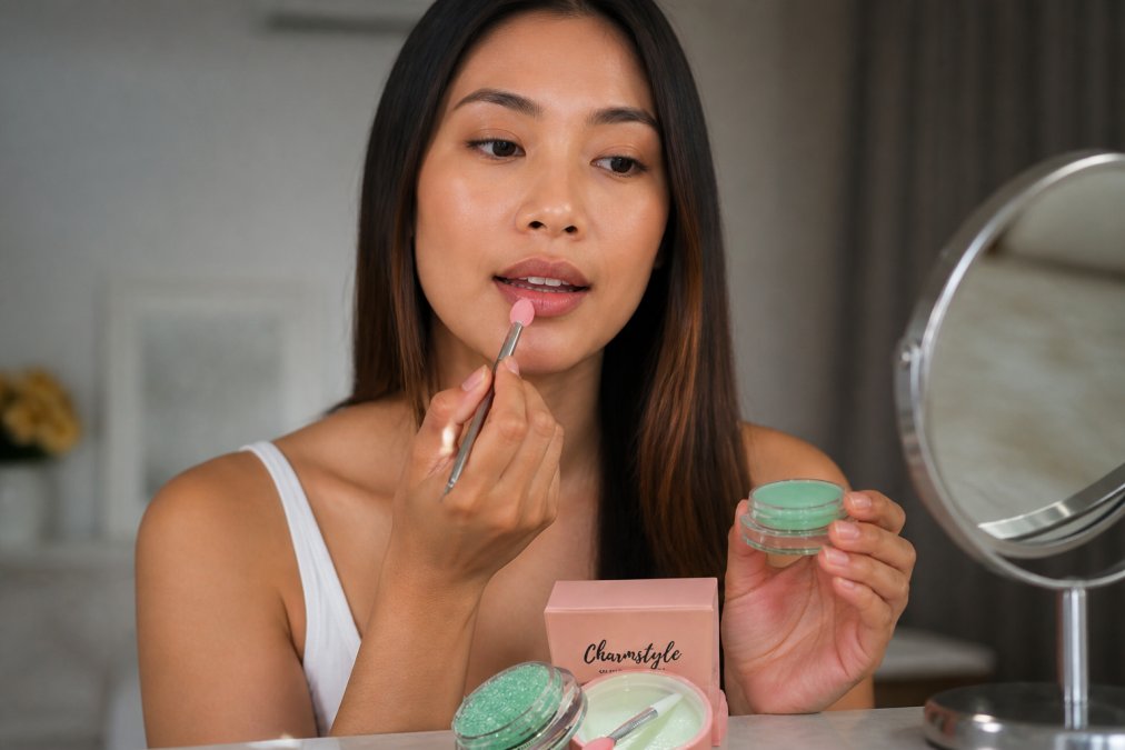 Woman demonstrating precise lip brush application technique on lips, showing controlled placement and even color distribution with proper hand positioning and lighting