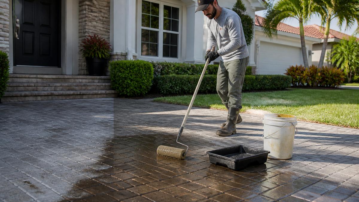A homeowner in work clothes applying paver sealer with a roller to a clean brick paver driveway on a sunny day, with a bucket and roller tray nearby