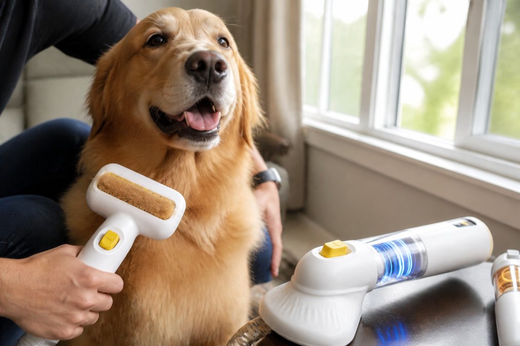 Pet owner brushing a dog with a deshedding tool, loose fur clearly visible accumulating on the brush bristles, natural window light illuminating the grooming area