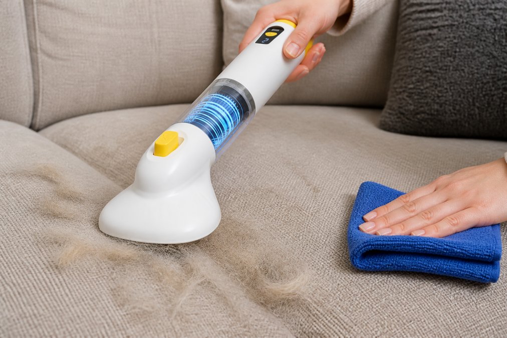 Close-up of a lint roller and microfiber cloth actively removing accumulated pet hair from a couch cushion, showing visible loose fur being lifted from the fabric
