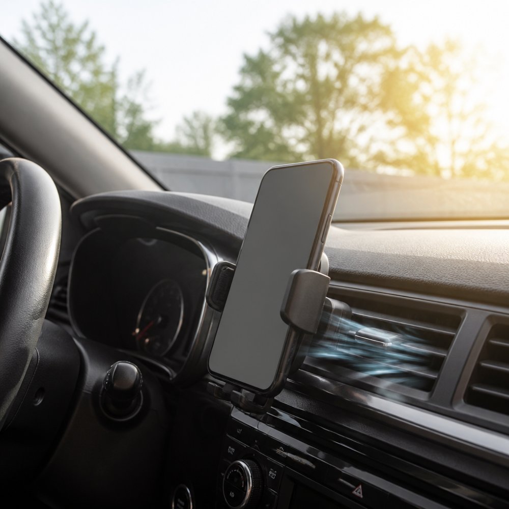 Smartphone mounted on a car vent with AC cooling it to prevent phone overheating while using GPS navigation.