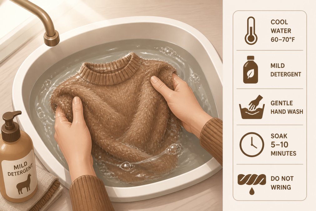 Close-up of hands gently submerging an alpaca sweater in a sink filled with cool water and mild detergent, showing careful hand-washing technique with natural light from above