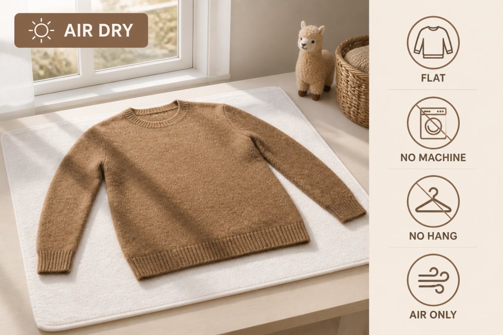 An alpaca sweater laid flat on a clean white towel to air dry, with natural window light illuminating the fabric and showing proper flat-drying positioning