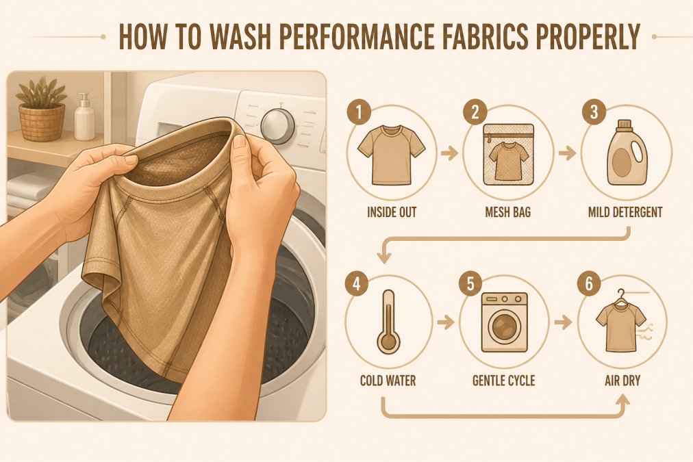 Close-up of hands turning an athletic shirt inside out over a washing machine, showing the care process with natural lighting in a modern laundry room