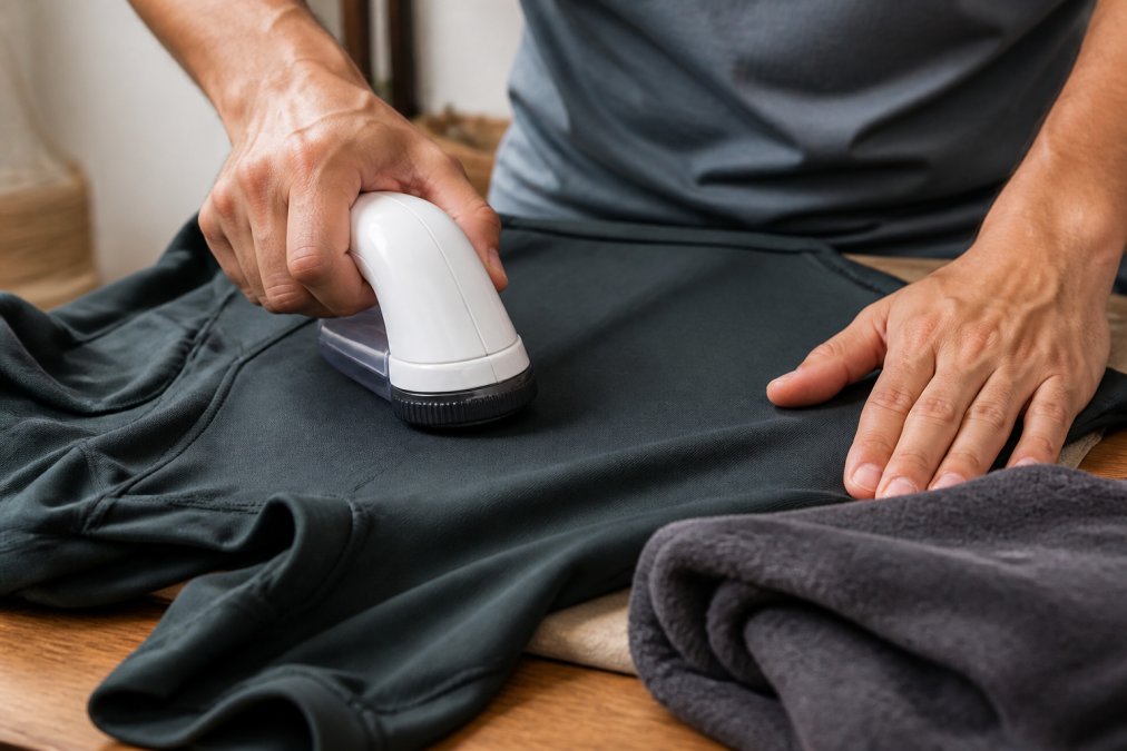 Person using a fabric shaver on an athletic shirt to remove pills, demonstrating proper technique with controlled hand movement and good lighting