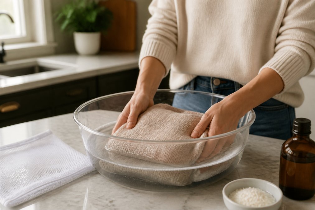 Close-up of hands gently submerging a folded alpaca sweater in cool water inside a clear basin with mild detergent, with a mesh laundry bag visible nearby on the counter