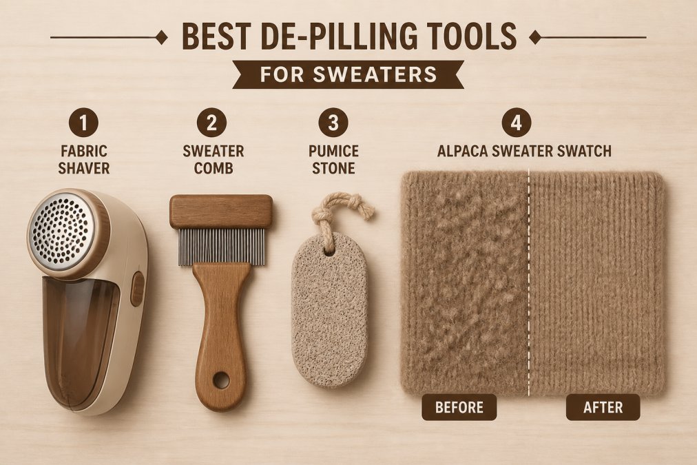 Flat lay of de-pilling tools arranged on a light wooden surface: an electric fabric shaver, a fine-toothed sweater comb, a natural pumice stone, and a pilled alpaca sweater swatch showing before-and-after areas
