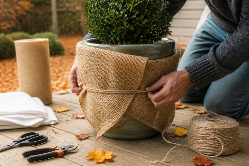 Close-up of hands wrapping a large ceramic outdoor planter with burlap and securing it with twine on a wooden deck, autumn leaves visible in the background, soft natural lighting