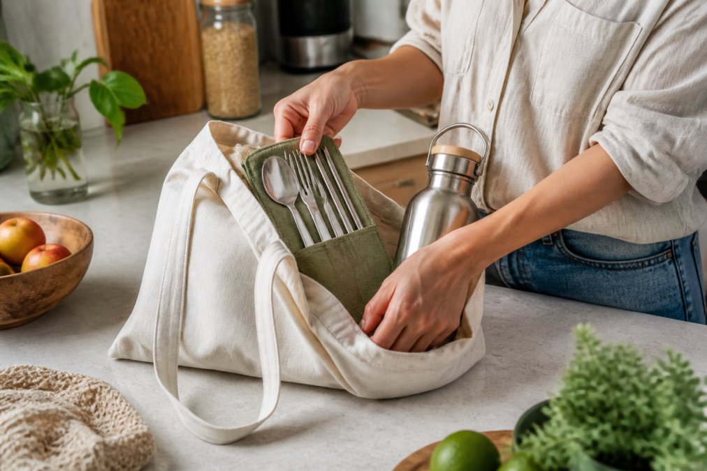 Person packing stainless steel cutlery and a reusable water bottle into a canvas tote bag on a kitchen counter
