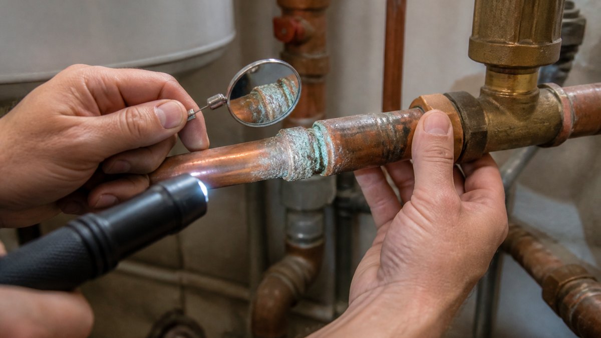 Close-up of a plumber's hands inspecting a copper pipe joint with visible green corrosion and white mineral crust, torch and inspection mirror nearby, plant room setting