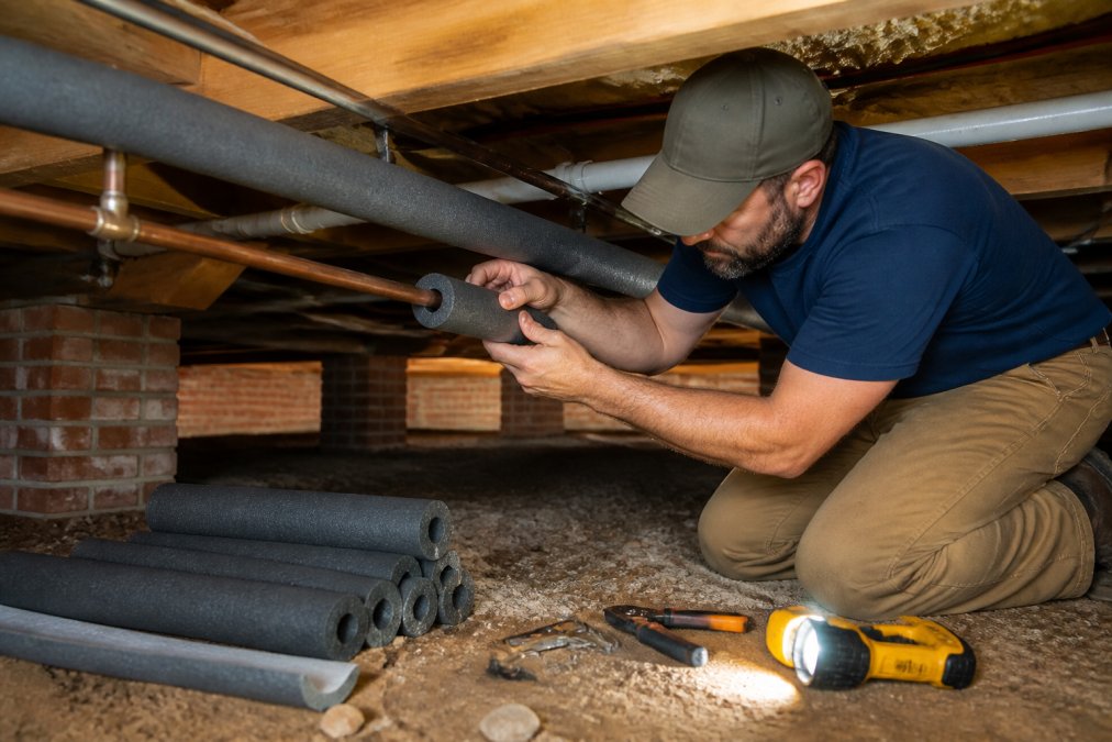 Homeowner installing foam pipe sleeves in a crawl space to help prevent plumbing leaks in vulnerable areas.