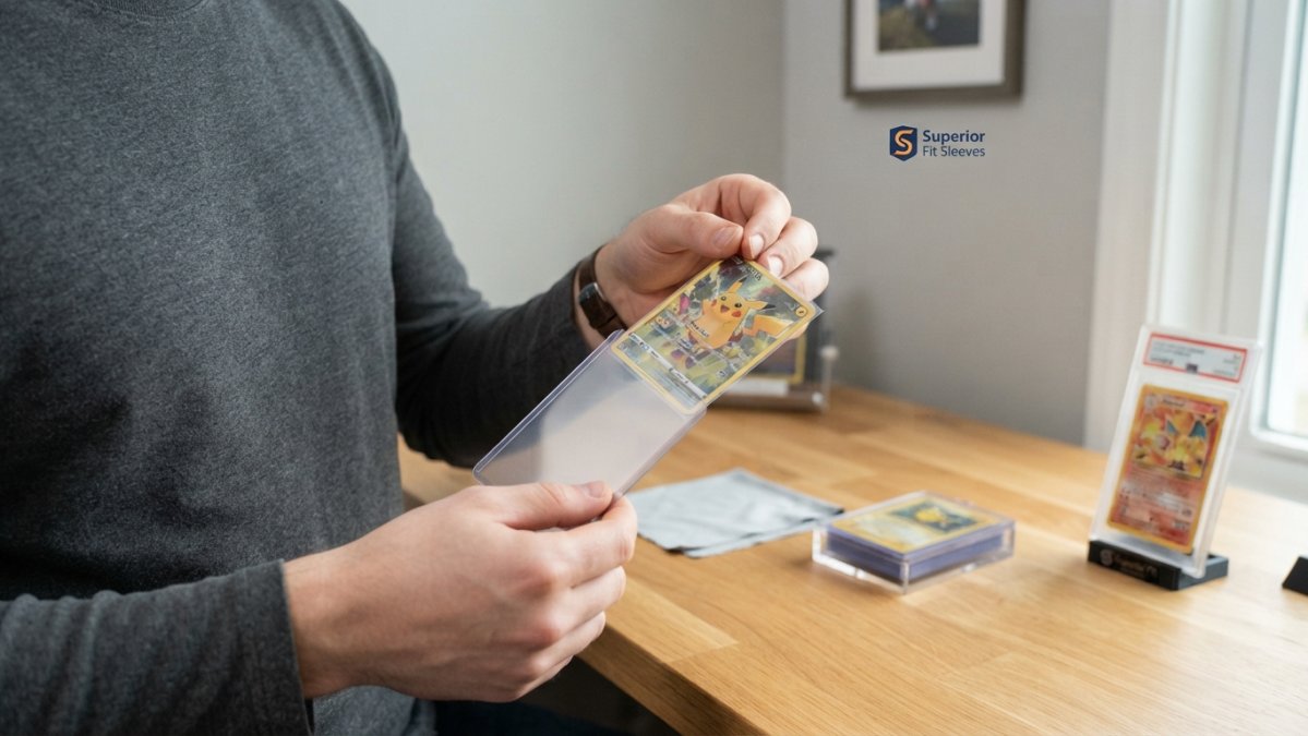 Step-by-step guide to inserting cards into precision sleeves to help prevent pokemon cards bending