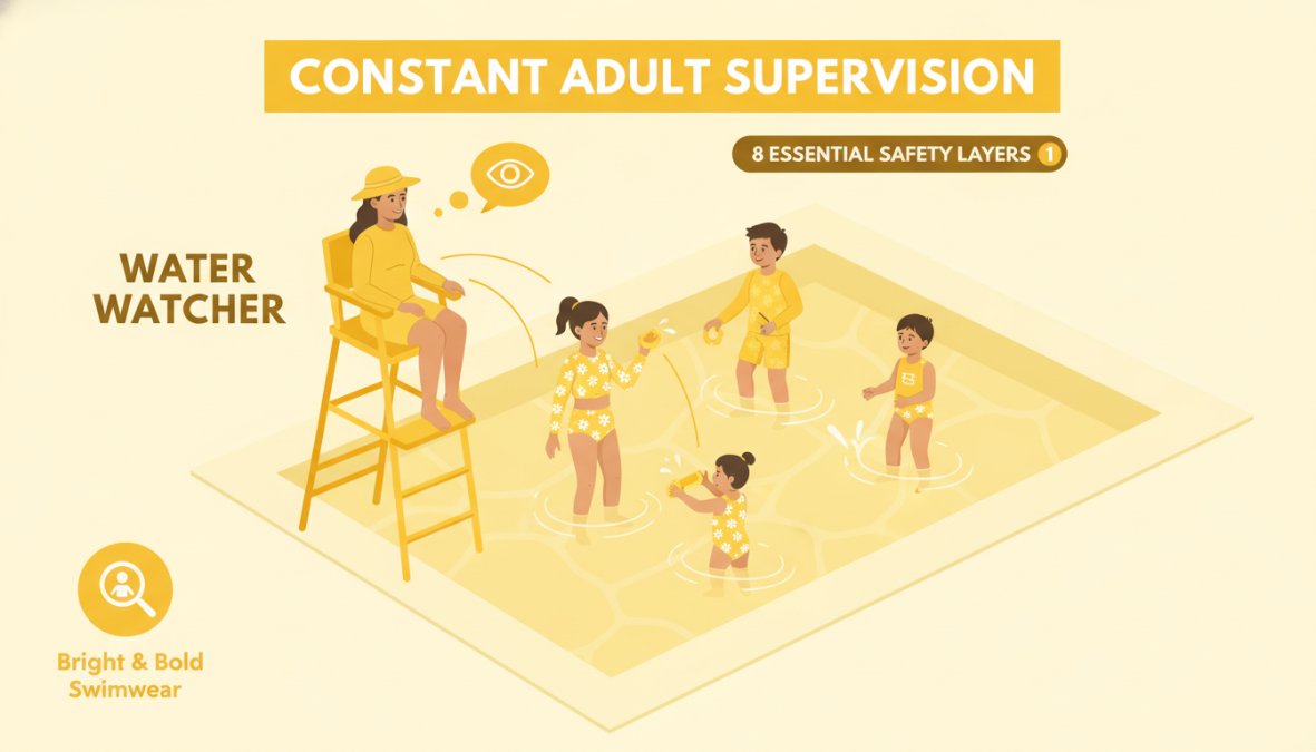 An attentive parent watching children playing in a residential swimming pool, showing focused supervision and the water watcher role in action with clear sightlines